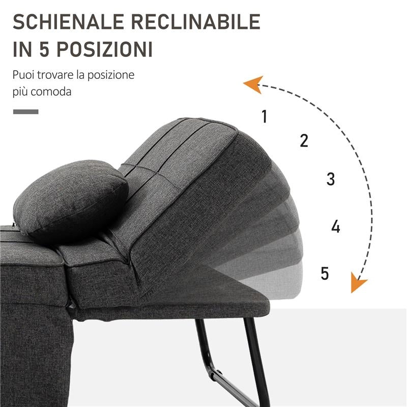 POLTRONA LETTO 3 IN 1 CON SCHIENALE REGOLABILE E CUSCINO IN TESSUTO EFFETTO LINO 95X179X78 CM GRIGIO