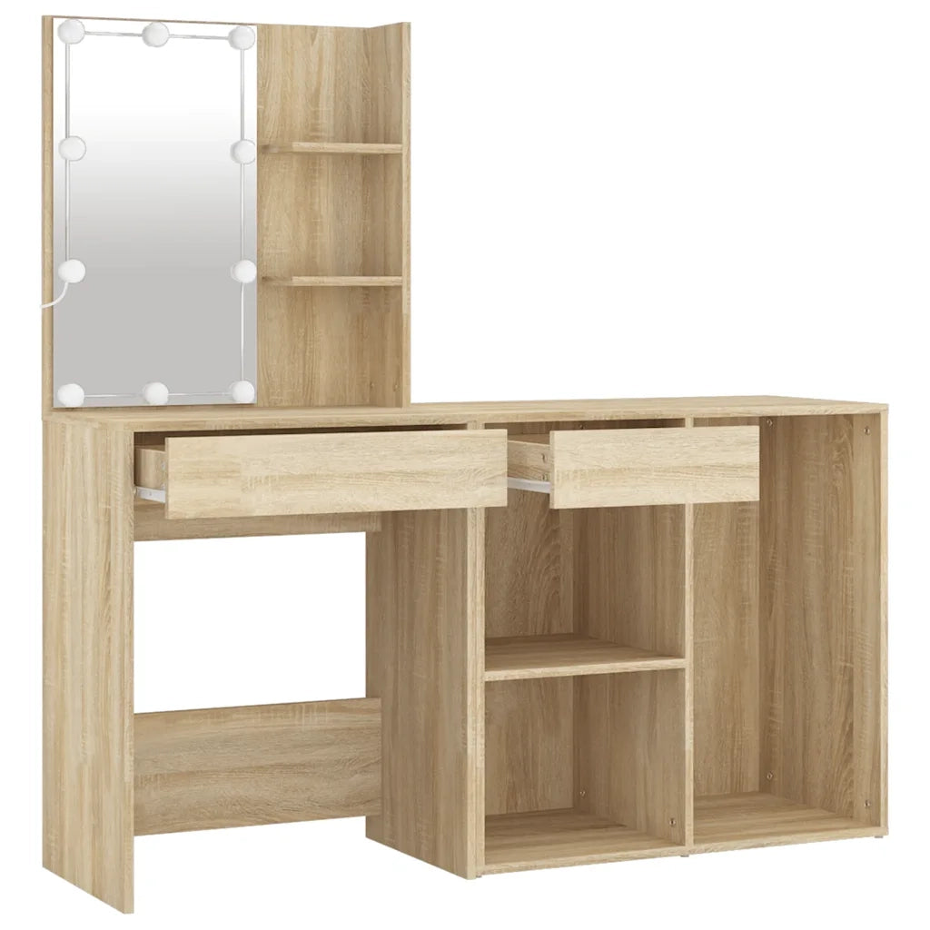 Toeletta | Tavolo da Trucco LED con Armadietto in Legno Multistrato Rovere Sonoma
