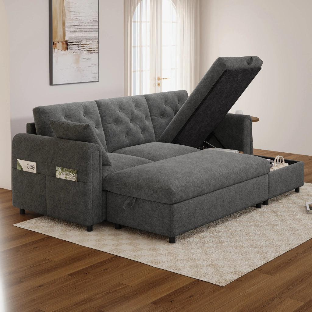 Divano angolare con chaise longue reversibile e pouf contenitore in velluto grigio