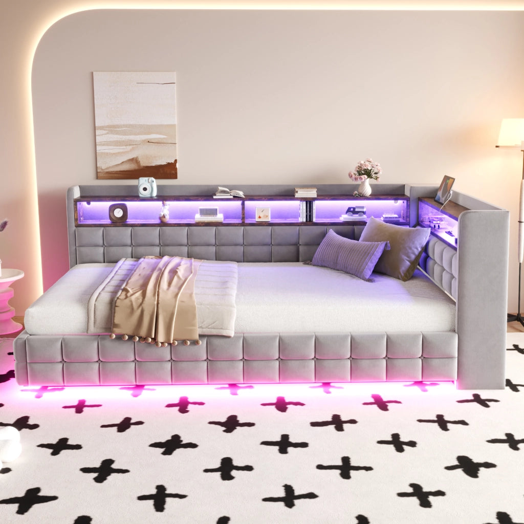 Letto contenitore singolo 90×200 cm con LED; USB e Type-C; ripiani e vano idraulico; senza materasso; grigio chiaro