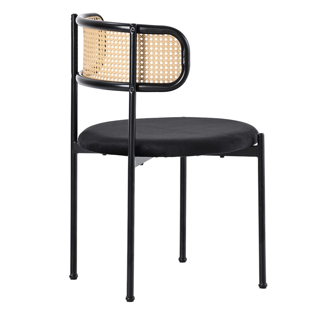 Sedia da pranzo in velluto nero con schienale effetto rattan; gambe in metallo; set da 6