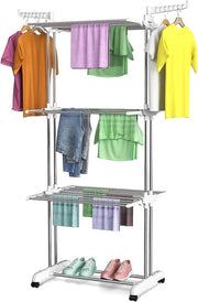 Droogrek multifunzionale con ruote - 4 piani - Pieghevole - Spaziale - Adatto per interni ed esterni - Bianco grigio