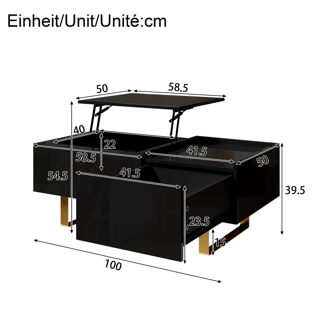 Tavolino basso sollevabile con 1 cassetto e vano nascosto piano regolabile finitura lucida per soggiorno in MDF nero