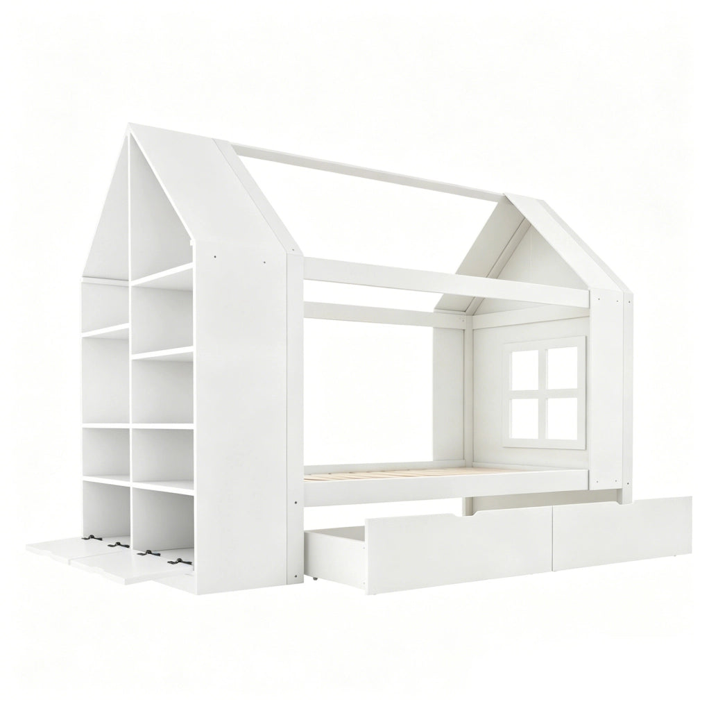 Letto per bambini a forma di casa 90x200 cm con cassetti, LED e vano contenitivo