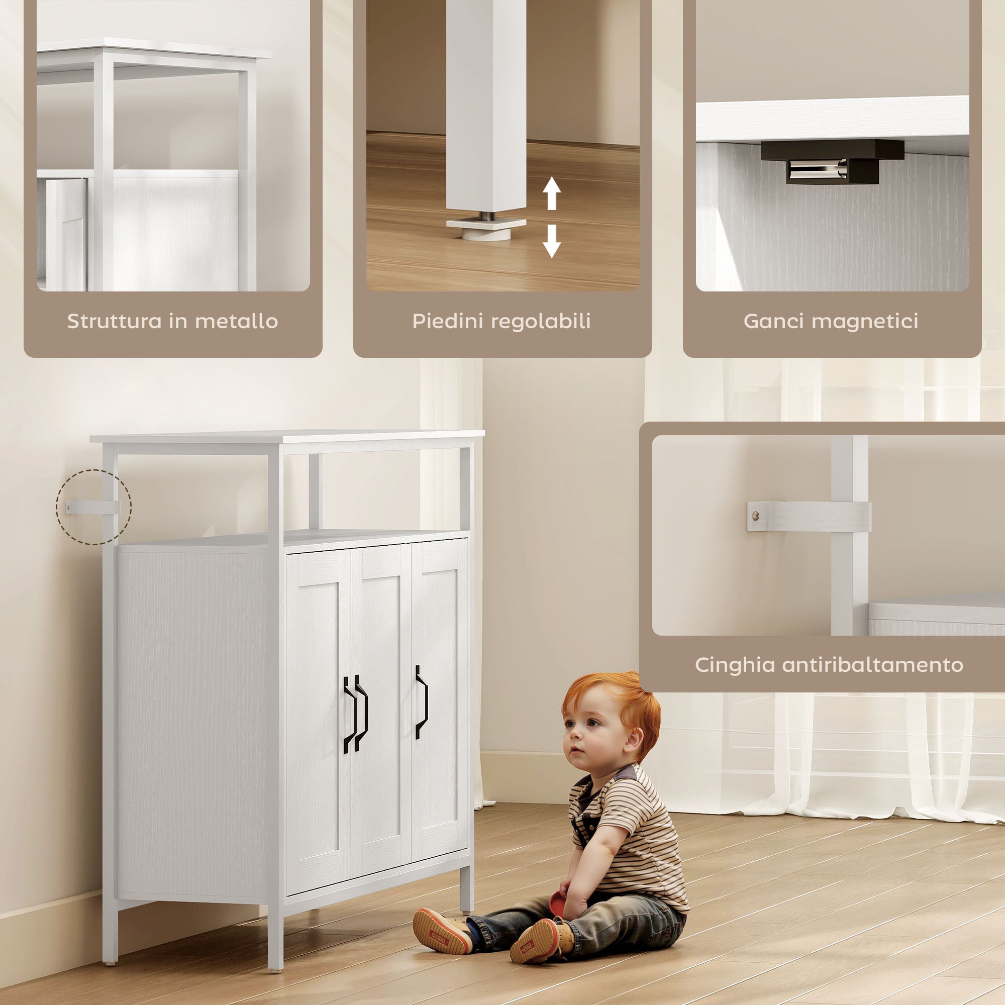 Mobile Basso Credenza da Cucina 100x35x88 cm con Armadietti e Ripiani a Giorno in MDF Bianco