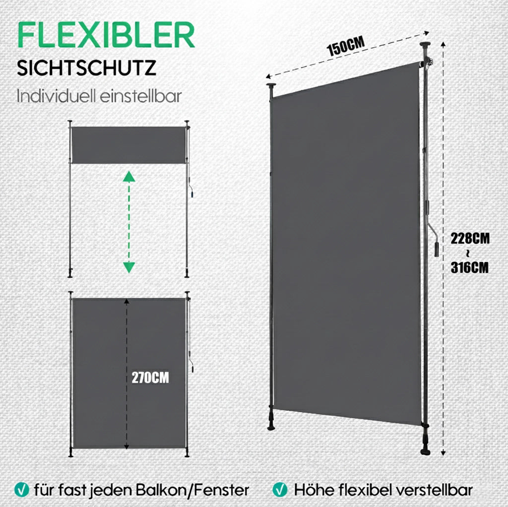 Tenda da sole verticale da esterno con manovella; regolabile in altezza 220-310 cm; antracite