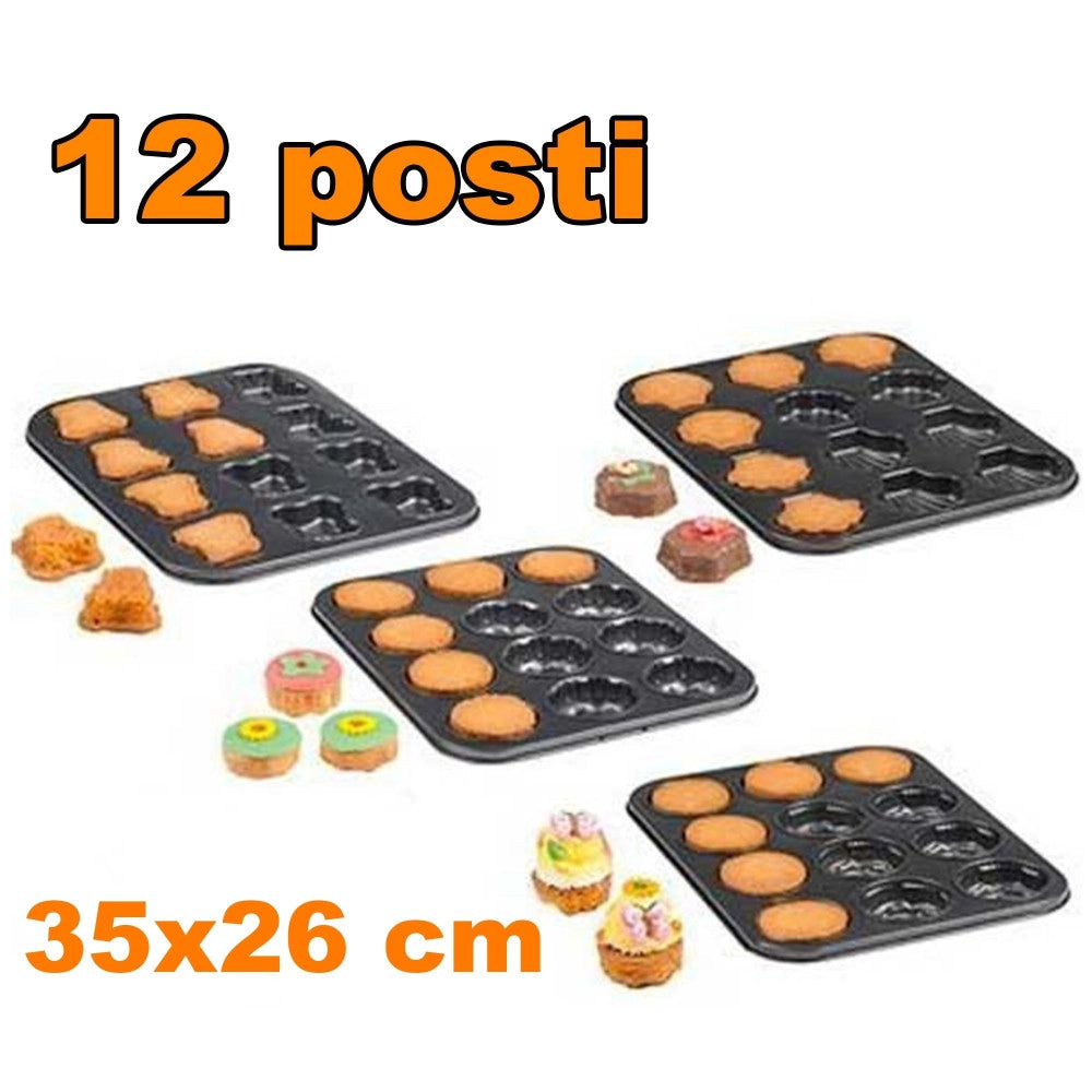 Trade Shop - Teglia Stampi Stampini Per Muffin 12 Posti Da Forno Antiaderente 35x26 Cm -