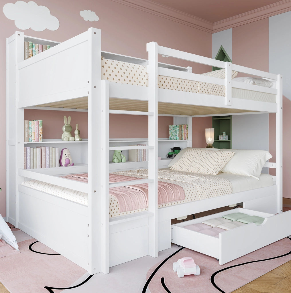 Letto a castello 90x200 cm con cassetto e vani portaoggetti; legno; bianco (Senza materasso)