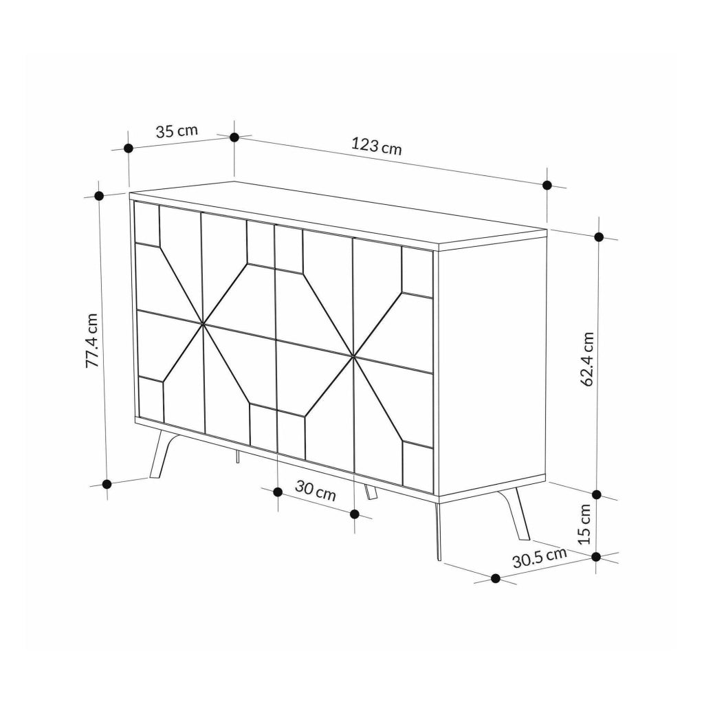 Credenza Brunale, Buffet da soggiorno, Madia da salotto, Dispensa da cucina, 123x35h62 cm, Bianco Marmo