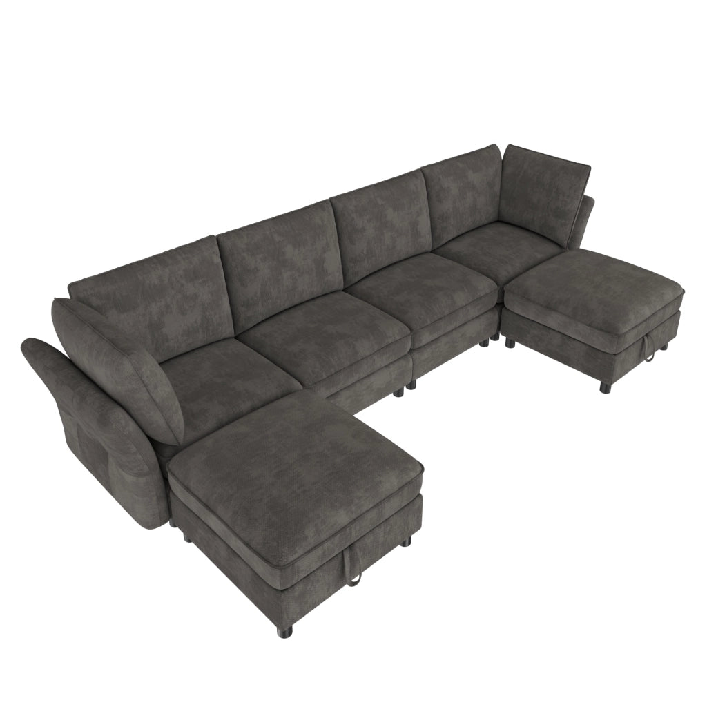 Divano angolare modulare a U 6-7 posti con contenitore e 2 pouf, in ciniglia grigio