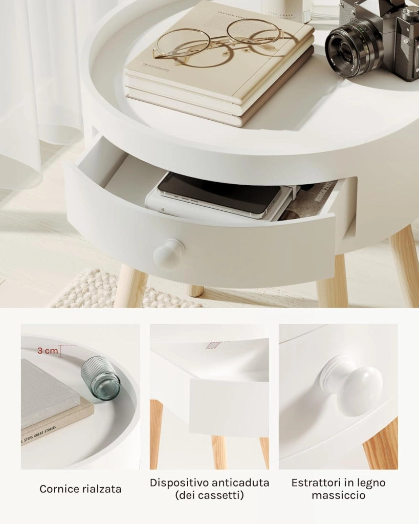 Set di 2 Comodini per Camera da Letto Comodino Rotondo con Cassetto Tavolino da Salotto in Legno Bianco TS111ws-2