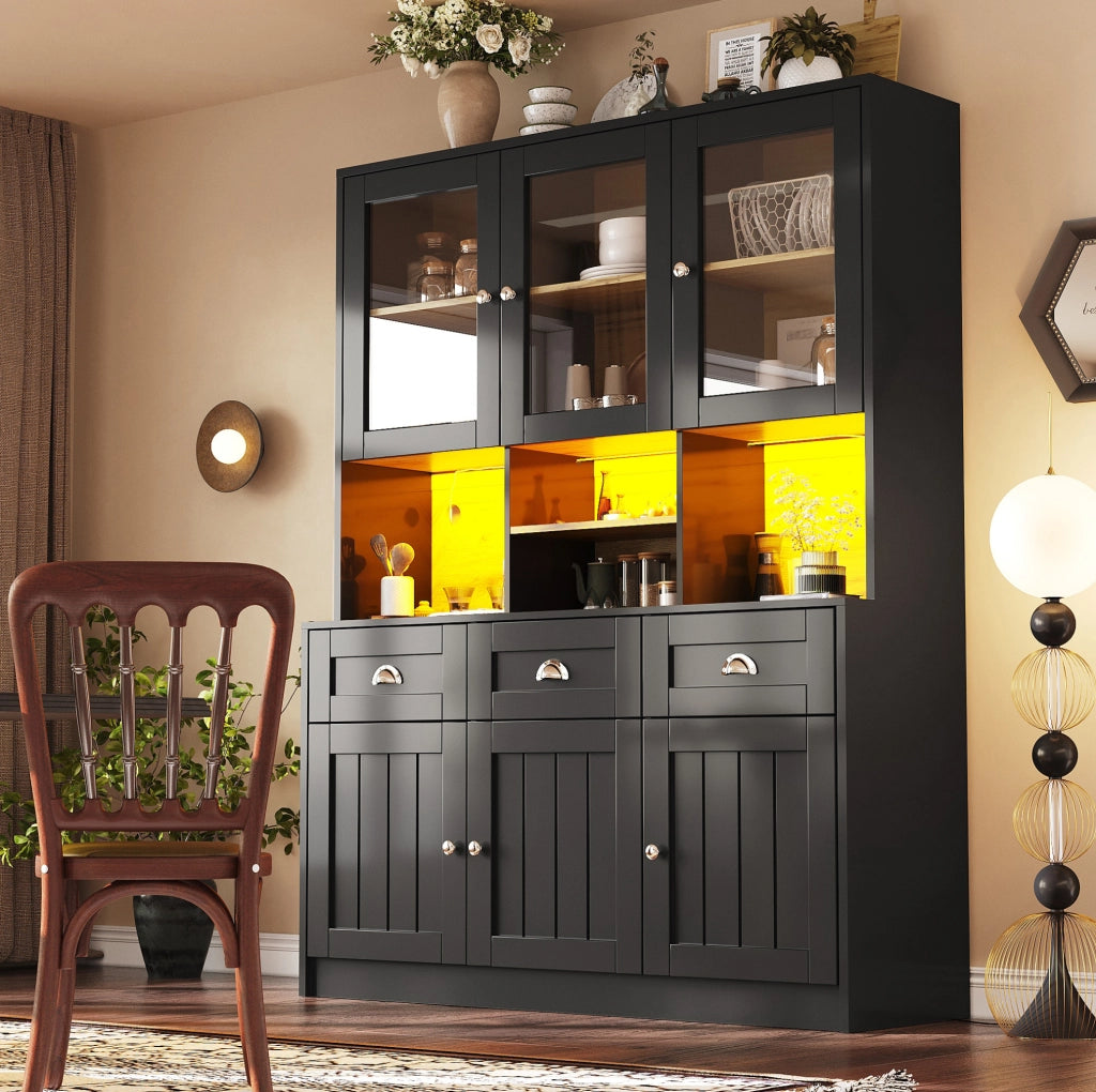 Credenza da cucina 140x40x175 cm in MDF nero con LED e ripiani regolabili