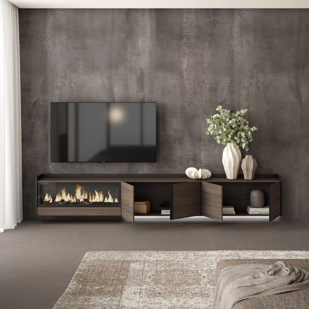 Mobile TV Soggiorno, 315x50x35 cm, Per TV fino a 80", Camino elettrico XXL, Sospeso, da appendere, LED, Rovere scuro e Nero