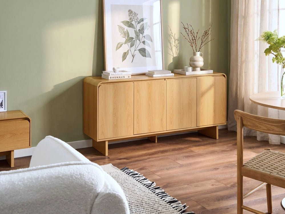 Credenza a 4 ante, marrone chiaro, pannelli in truciolato con rivestimento in carta, per soggiorno
