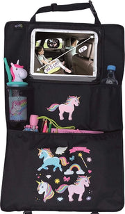 1 x seggiolino per bambini con protezione per la schiena e organizzatore con tavole regolabili, contenitore per accessori – tema unicorno – universale – 70 x 45 cm – comprensivo di contenitore per bicchieri + rete di stoccaggio