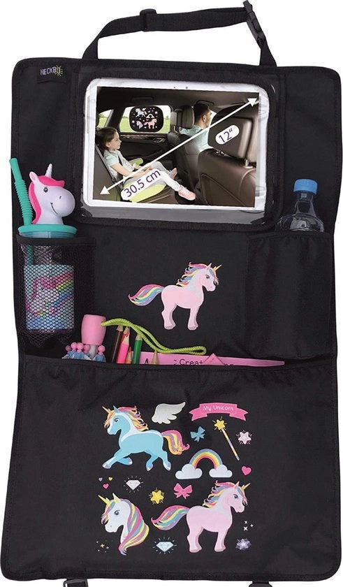 1 x seggiolino per bambini con protezione per la schiena e organizzatore con tavole regolabili, contenitore per accessori – tema unicorno – universale – 70 x 45 cm – comprensivo di contenitore per bicchieri + rete di stoccaggio