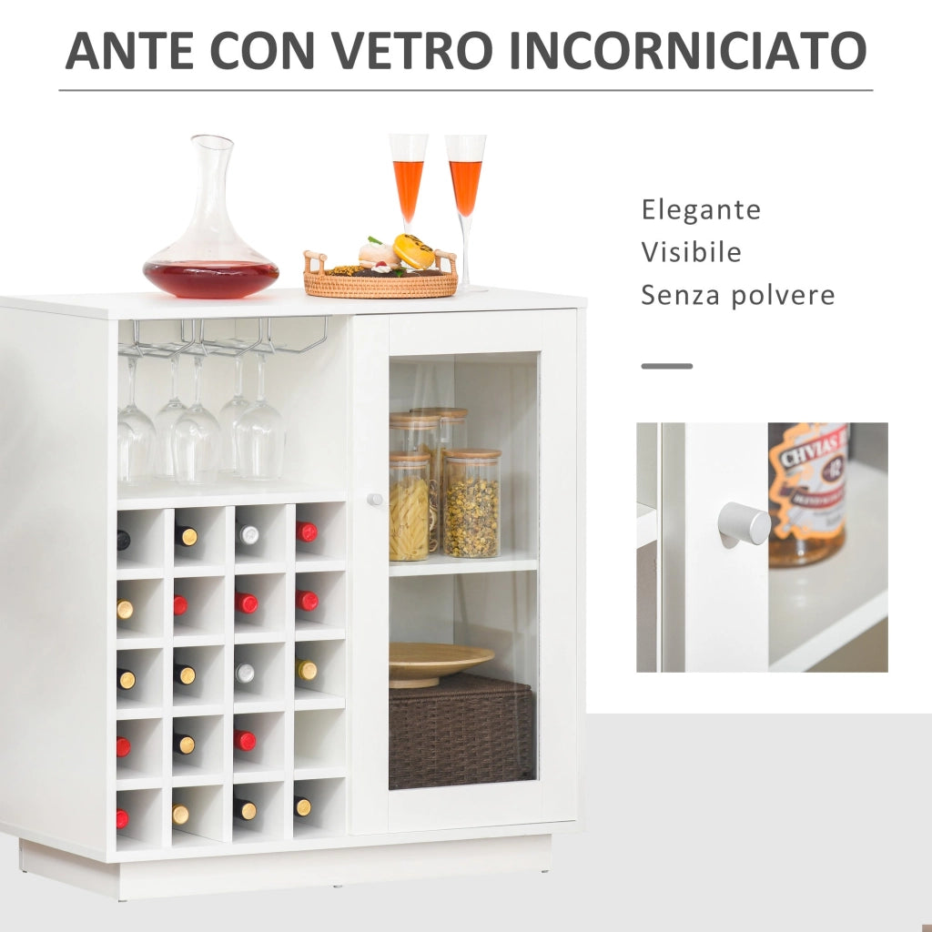 Credenza con Cantinetta 20 Bottiglie 80x36x85 cm con Porta Calici e Armadietto Bianco
