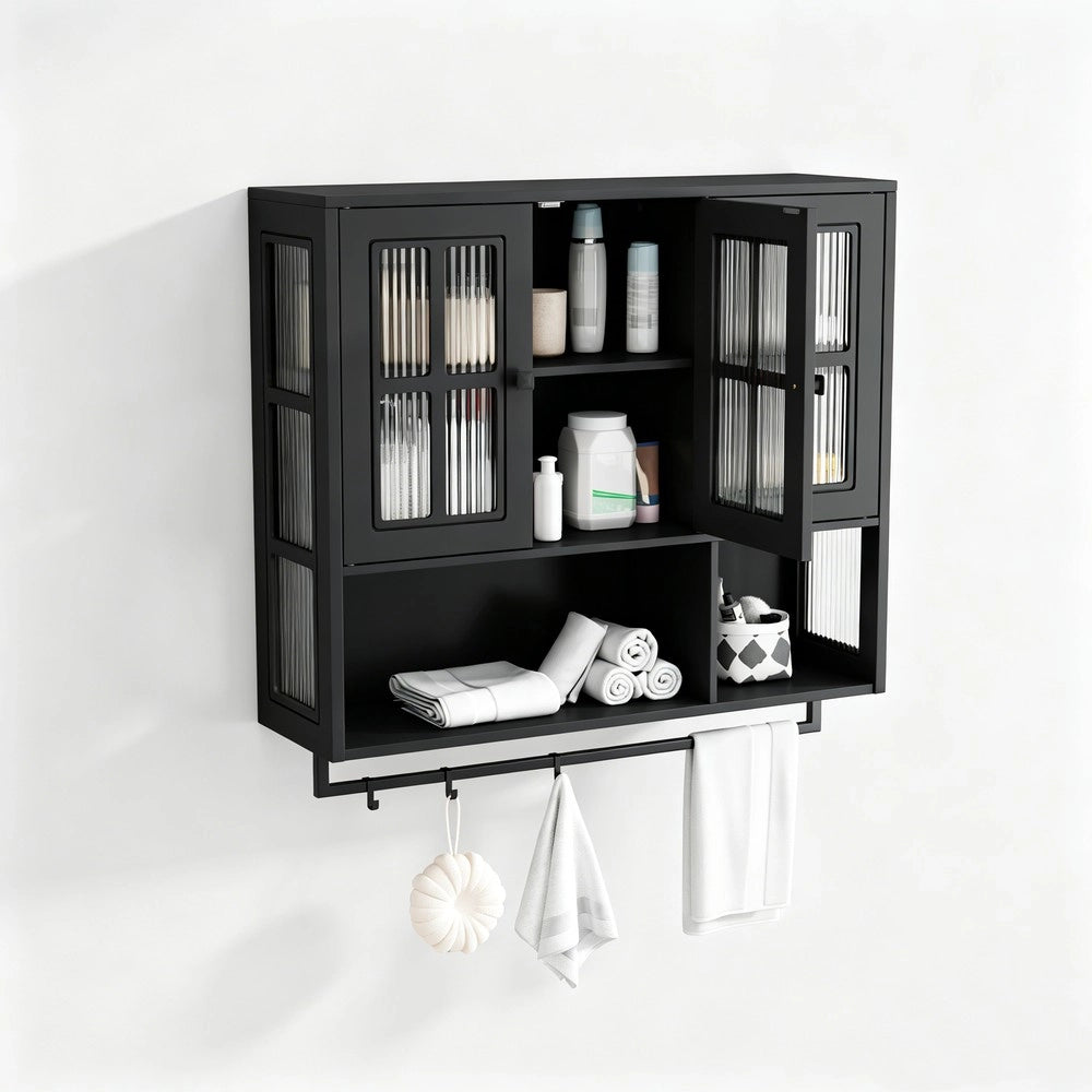 Armadietto da Bagno a Parete ¨C MINIMAL ¨C Nero, 3 Ante, Legno, con Specchio e Porta Salviette