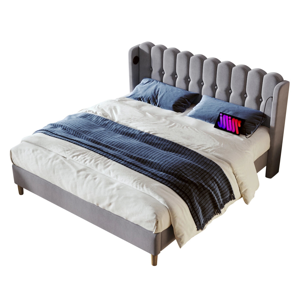 OKWISH Letto Imbottito 160×200 cm, Letto Matrimoniale con Porte USB e Tipo C, Testiera Imbottita, senza Materasso, in Lino, Grigio