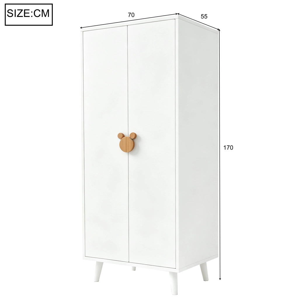 Armadio per cameretta con 2 ante; 2 cassetti e barra appendiabiti; maniglie sagomate; in MDF bianco e legno
