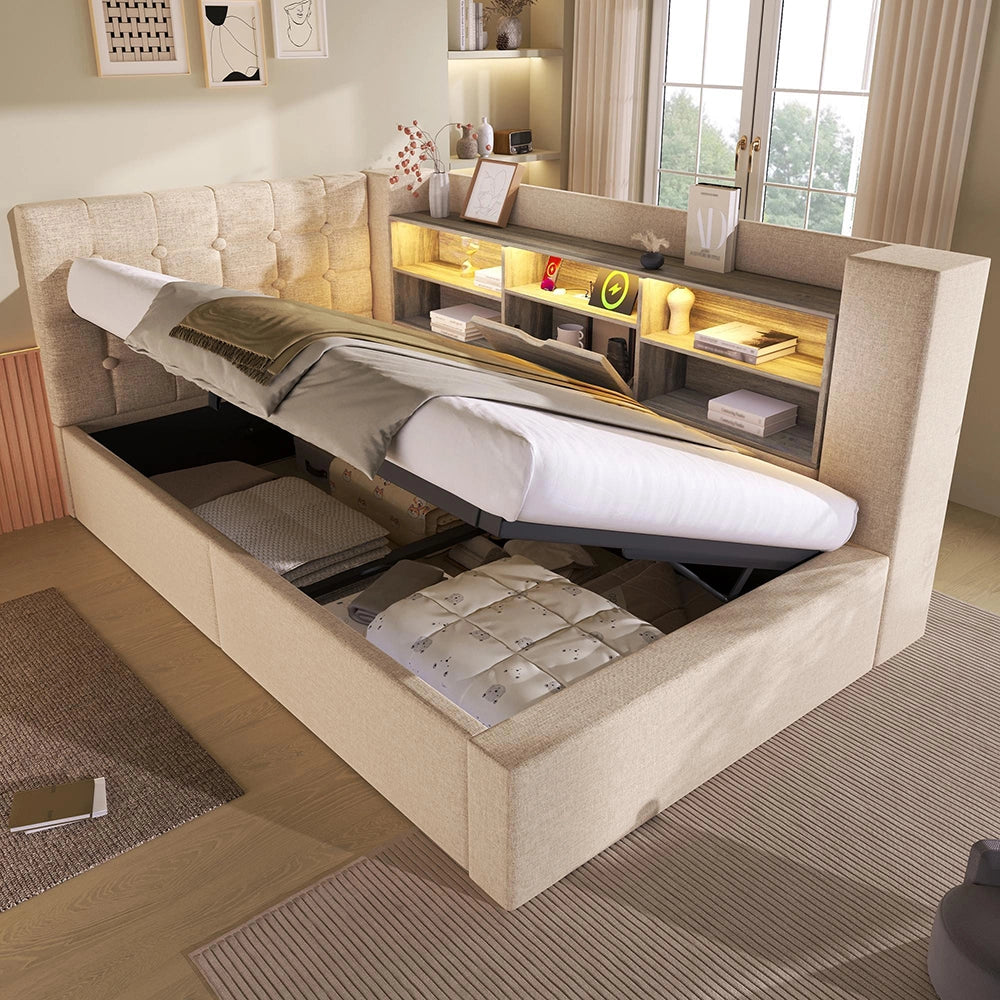 Letto imbottito-Xylo-90x200cm LED idraulico testiera a L lino beige con materasso