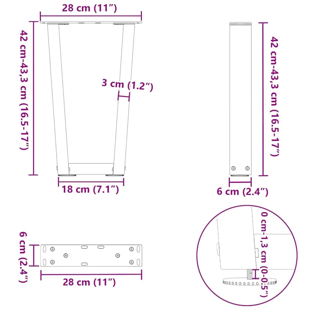 Set di 2 gambe per tavolino da caffè a forma di V 28 x 42-43,3 cm con piedini regolabili stile moderno acciaio antracite 02_0056910