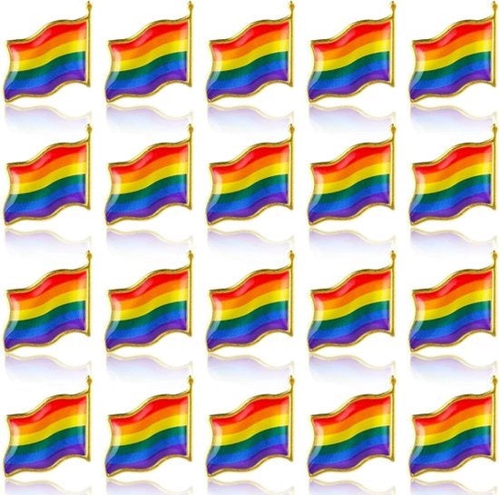 Accessori LGBT da Festival - Decorazione a Email con Bordo d'Oro - Pin con Bandiera Arcobaleno - Set da 20 - Simbolo di Uguaglianza e Progresso