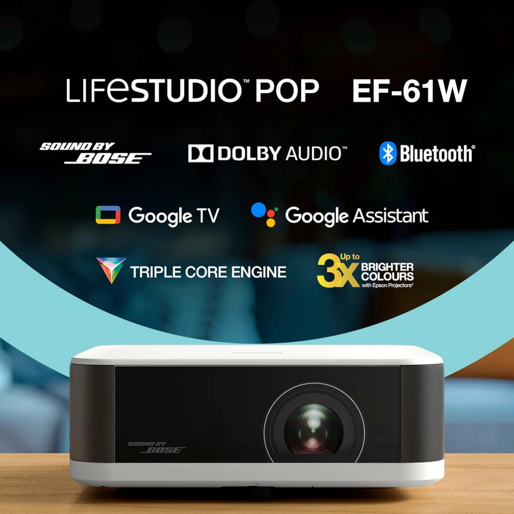 Lifestudio Pop EF-61W Bianco diamante Proiettore smart portatile, Sound by Bose, Google TV, Full HD, utilizzo interno/esterno, garanzia di 5 anni*