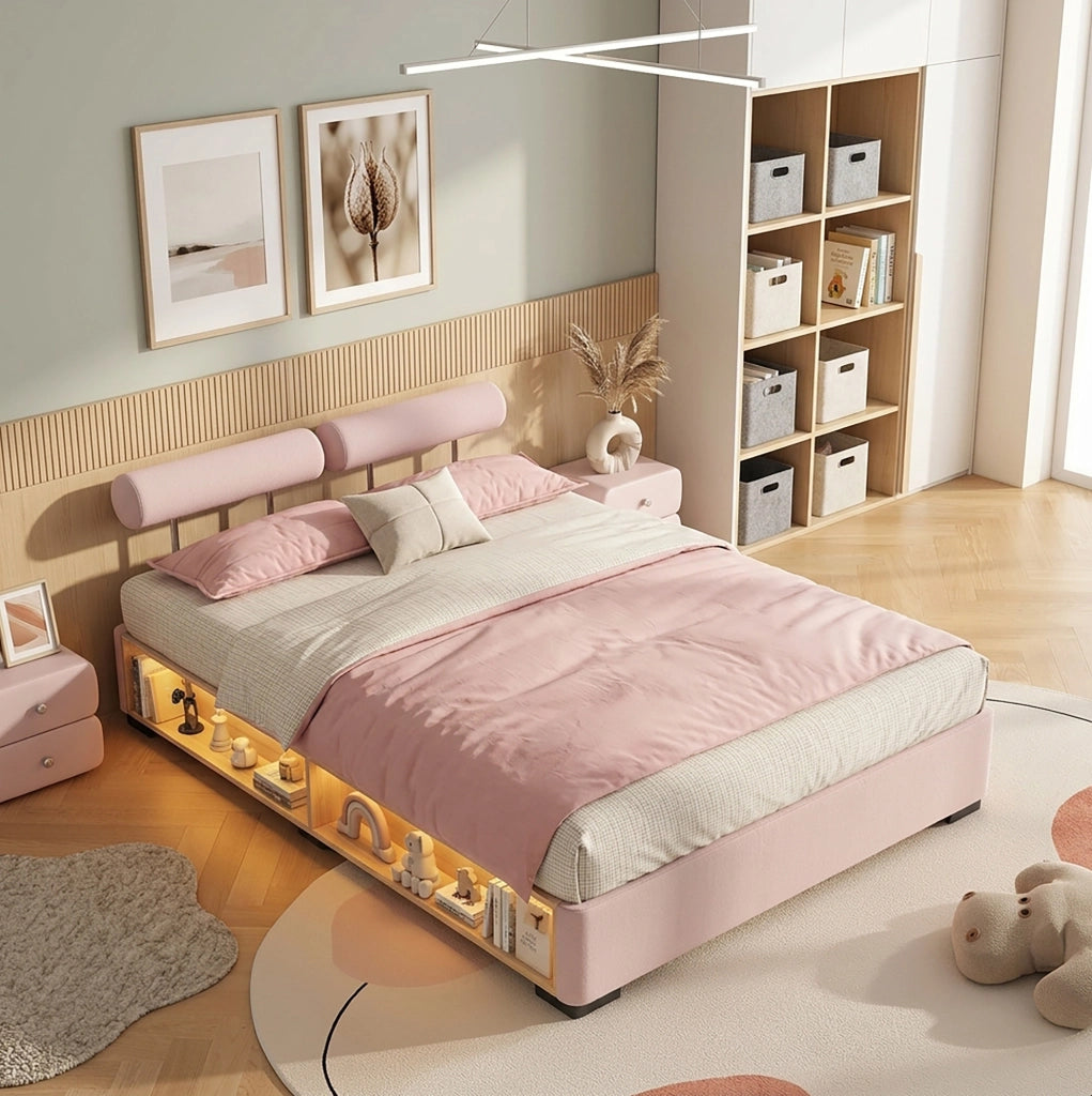 Letto imbottito per bambini rosa 140x200 cm con LED e vano laterale