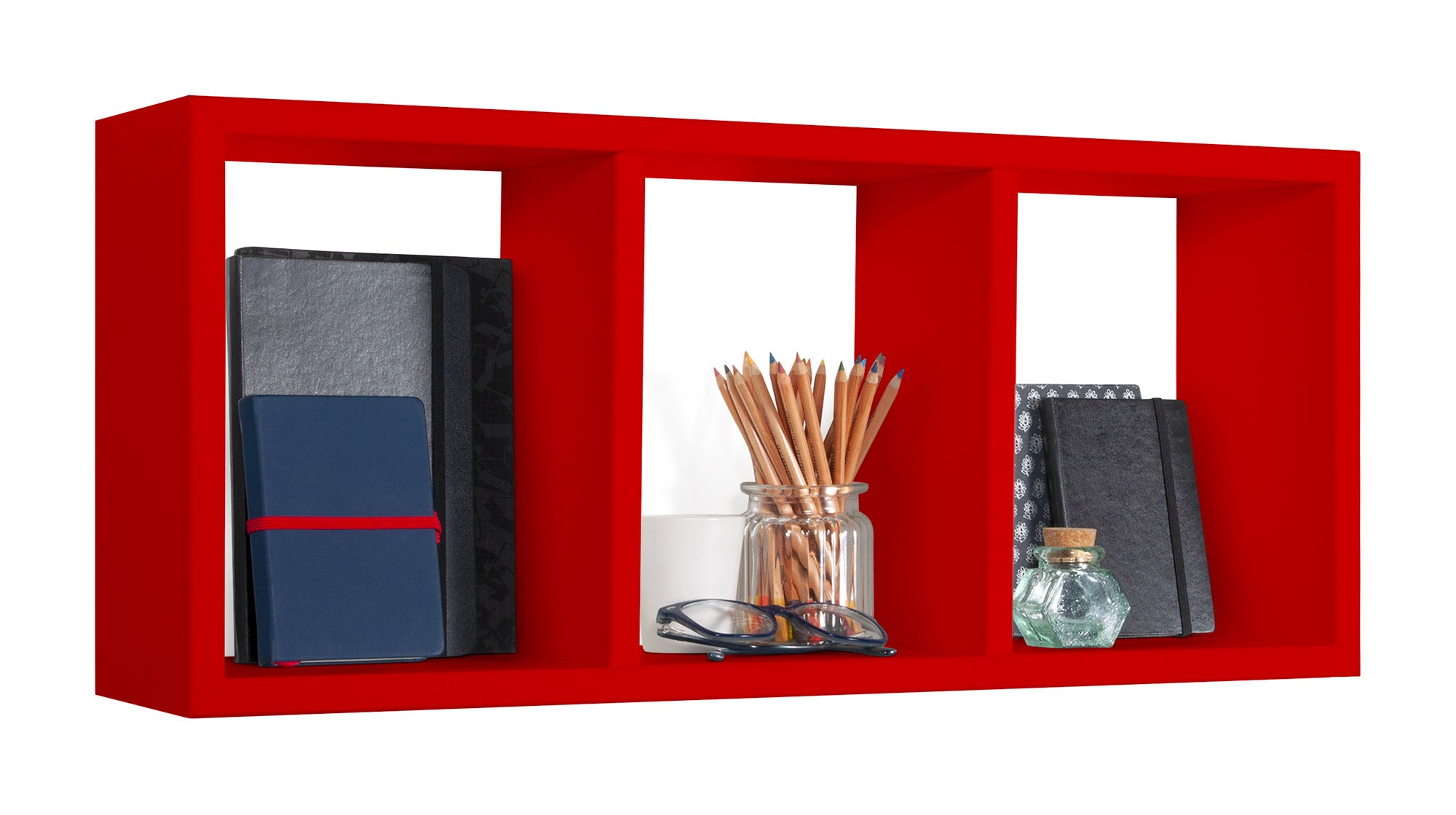 Mensola Rettangolare 3 Scomparti da Parete 70x30x15.5 cm in Fibra di Legno Tristano Rosso