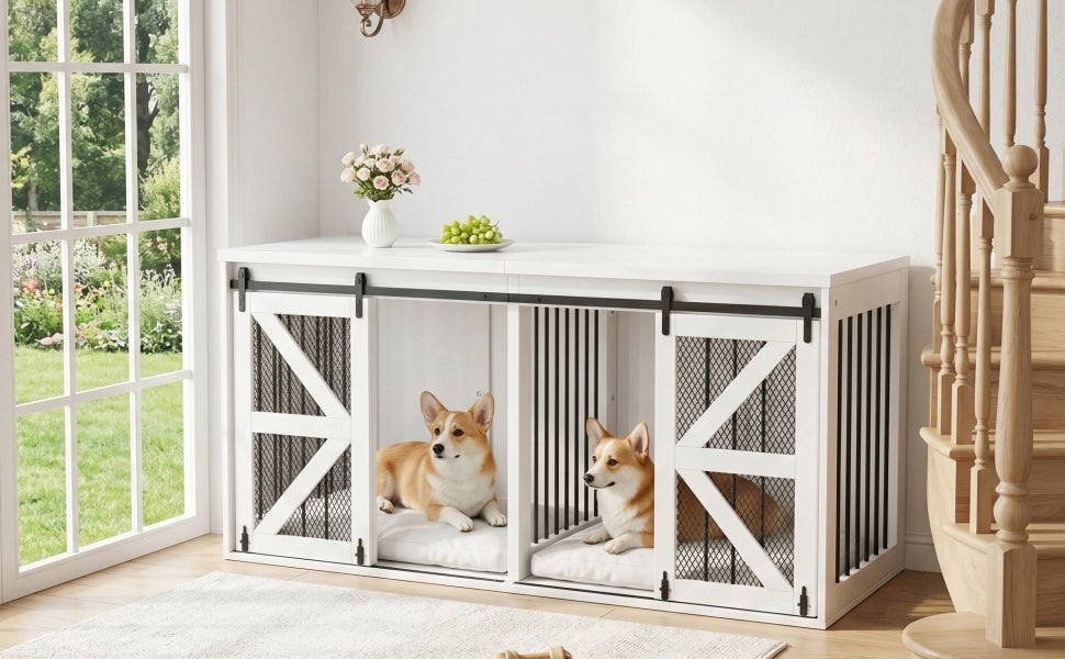 Cuccia per cani da interno con porte scorrevoli, divisorio centrale fisso, MDF e metallo, bianco, 160 x 60 x 75 cm