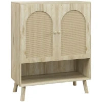 Mobile Multiuso in Stile Boho con Ante in Rattan e Ripiano Aperto, 80x38x100cm, Rovere