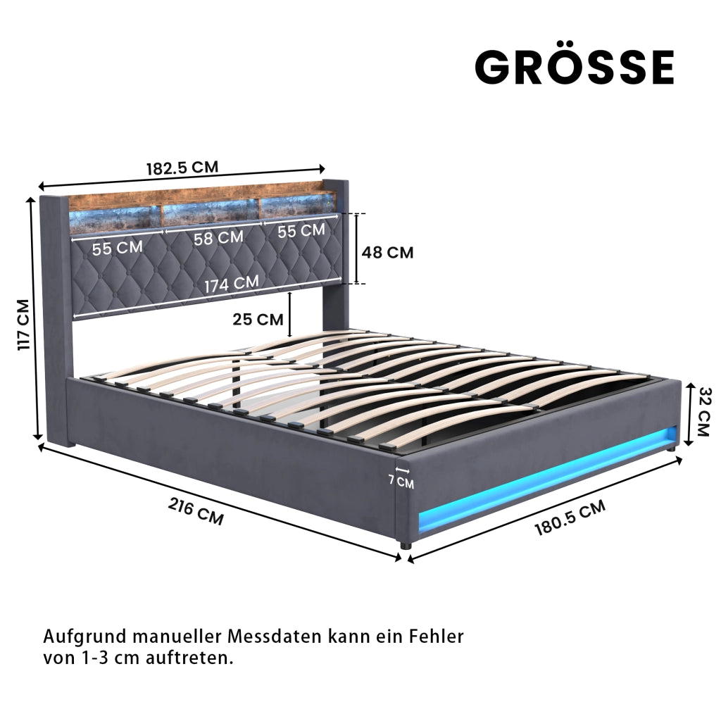 LETTO Imbottito 180 x 200 cm in Velluto Grigio con LED, USB e Contenitore