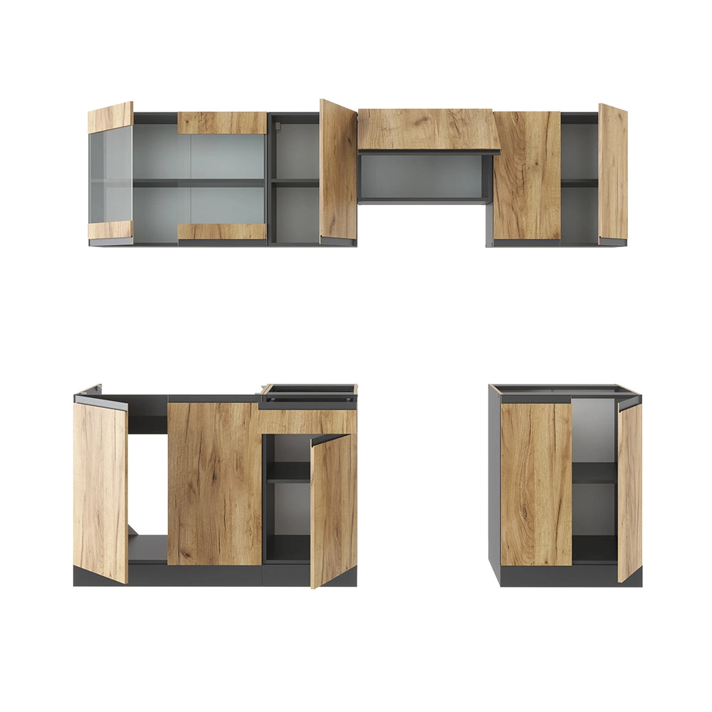Cucina componibile Raul Rovere dorato/Antracite 240 cm senza piano di lavoro con striscia LED Vicco