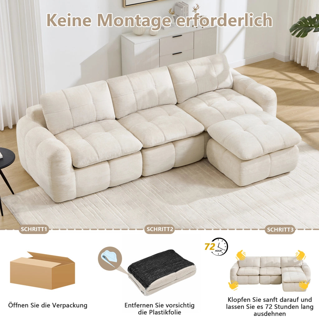 Divano modulare angolare senza struttura con rivestimento in chenille e comfort ergonomico beige 264 × 160 × 68 cm