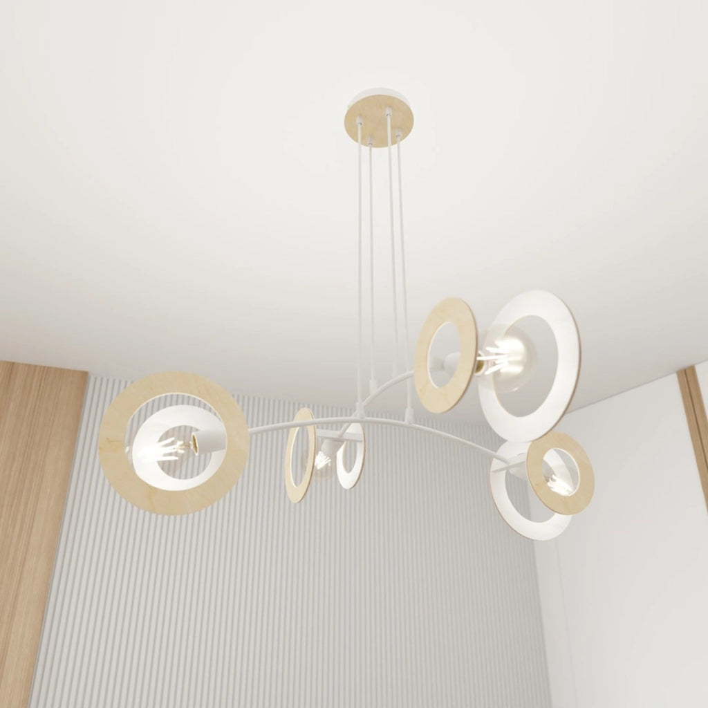 Lampada a sospensione Skiva in acciaio bianco e legno