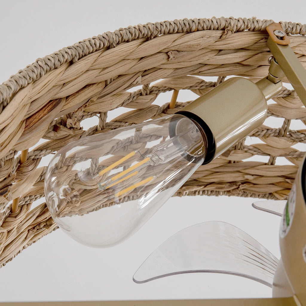Ventilatore da soffitto con luce in stile rattan; controllo tramite app e telecomando; 6 velocità; rame