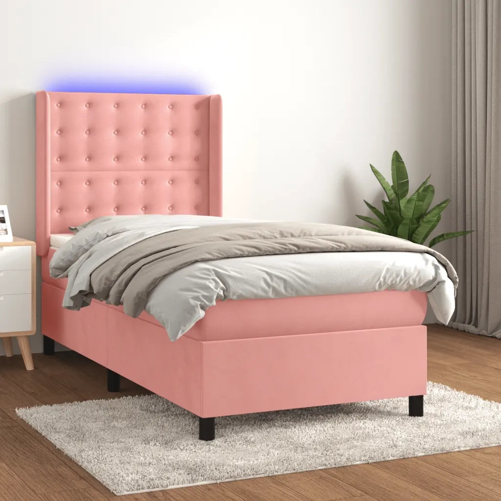Letto a Molle con Materasso e LED Rosa 90x200 cm in Velluto 3139786