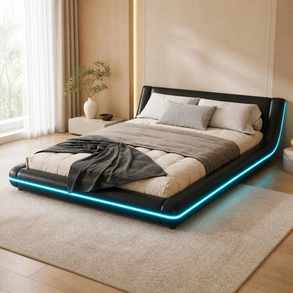LETTO a pavimento 140x200 cm PU Nero con illuminazione LED