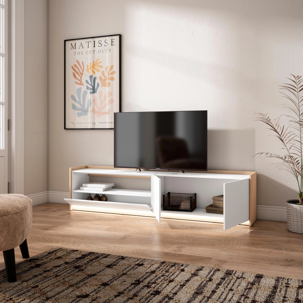Mobile TV Soggiorno, 207x50x37 cm, Per TV fino a 80", LED, Bianco e Rovere soft