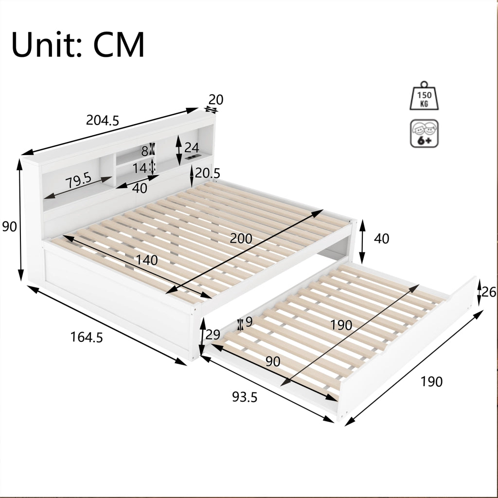 LETTO estraibile 140x200 cm bianco con LED, presa, USB e vano laterale
