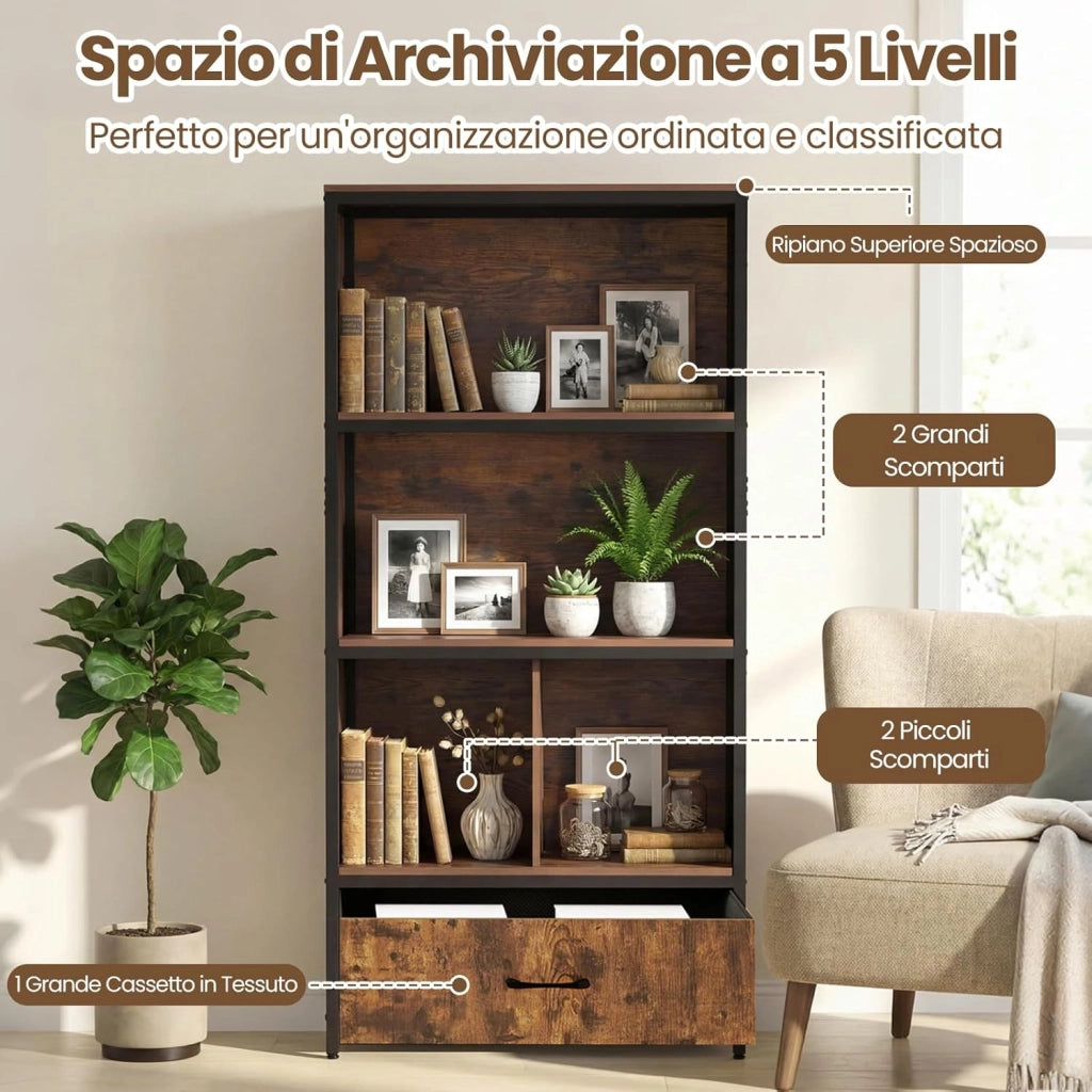 Libreria Scaffale a 3 Livelli, Mobile Alto con 4 Scomparti 1 Cassetto in Tessuto Pieghevole e 2 Dispositivi Antiribaltamento, per Studio e Ufficio, 68x30,5x151,5 cm (Marrone)
