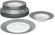 Set di piatti a piastrelle per 6 persone - Servizio da tavola in piastrelle con piatti profondi e piatti piatti - Ø 21,5 cm e Ø 26,5 cm | Bianco con bordo grigio