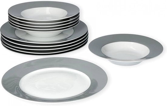 Set di piatti a piastrelle per 6 persone - Servizio da tavola in piastrelle con piatti profondi e piatti piatti - Ø 21,5 cm e Ø 26,5 cm | Bianco con bordo grigio