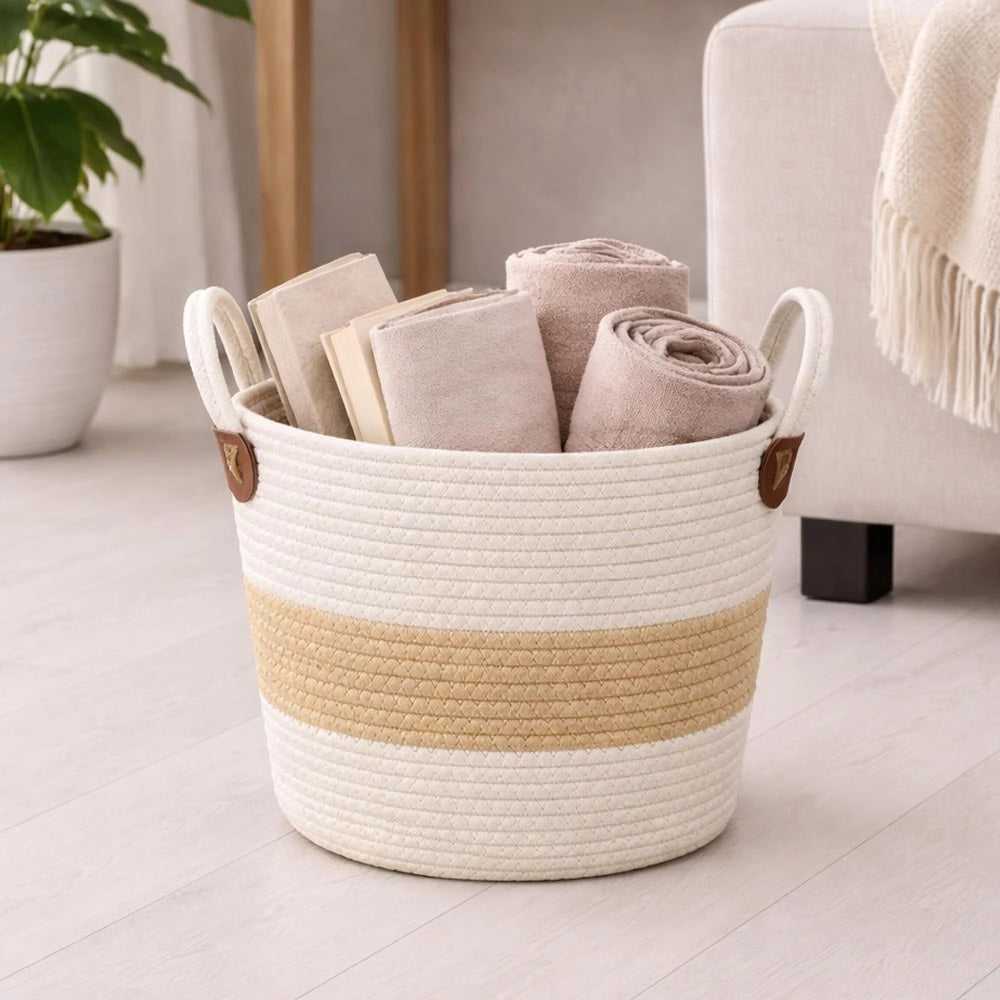Cesti Portaoggetti Corda Bianco Beige con Maniglie cm 33 x 33 x h 33 Set da 3