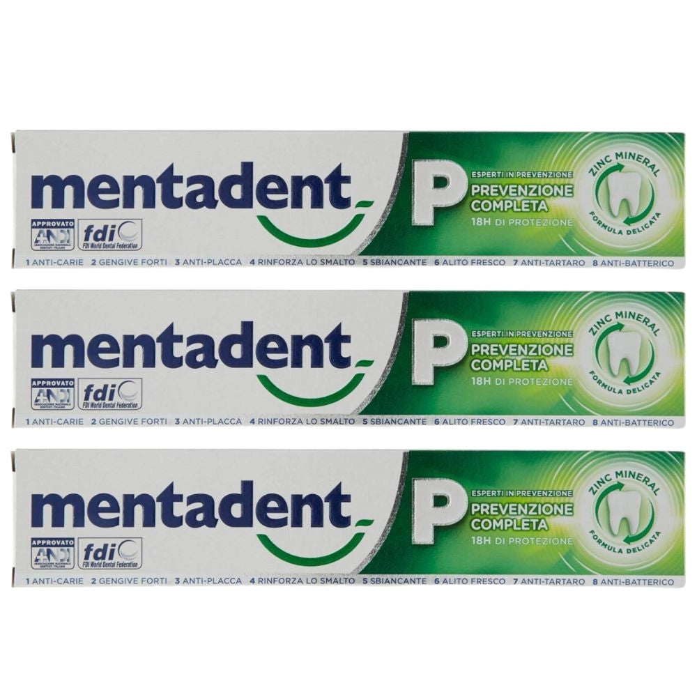 Dentifricio mentadent p prevenzione completa pezzi 3 verde 75 millilitri