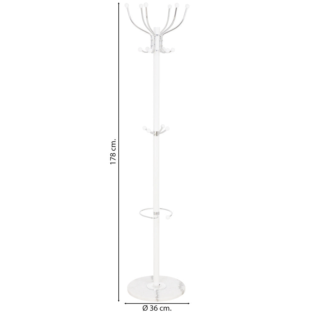 Perchero de metal blanco con paraguero y 6 ganchos D 36X178h cm