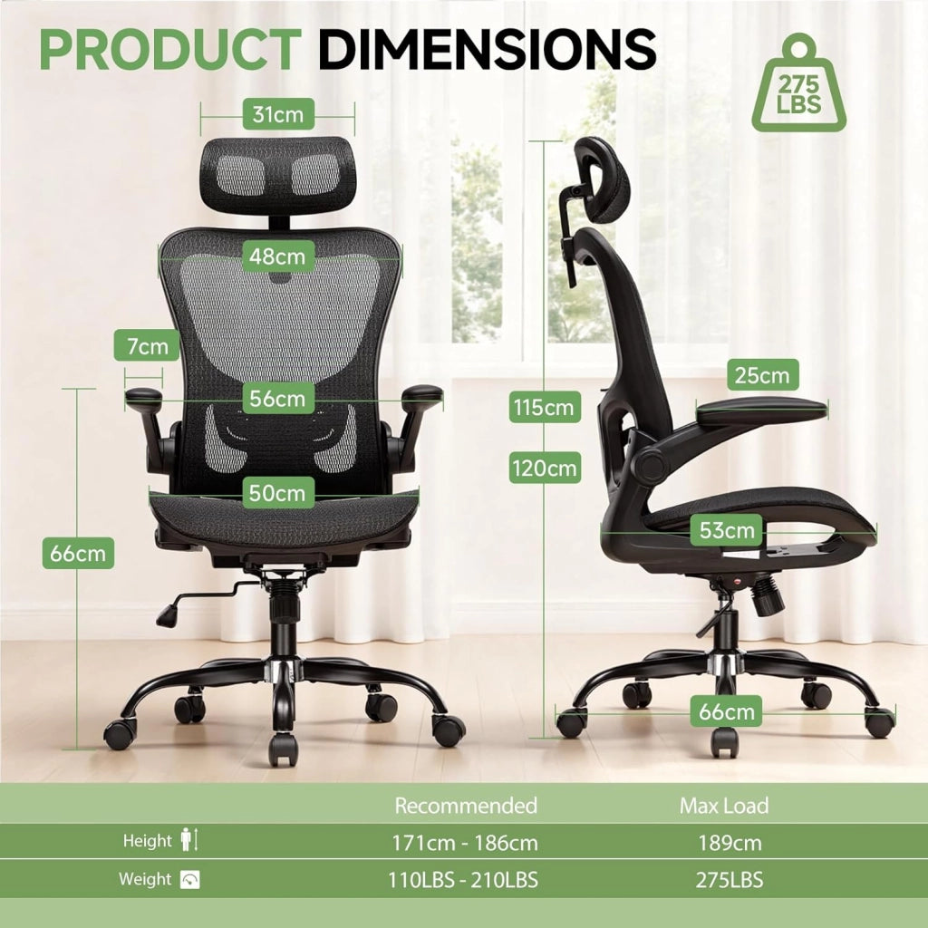 Sedia da ufficio ergonomica, da scrivania con poggiatesta regolabile, braccioli, supporto lombare, sedia da ufficio e da gioco, sedia direzionale in rete, 150 kg (nero)