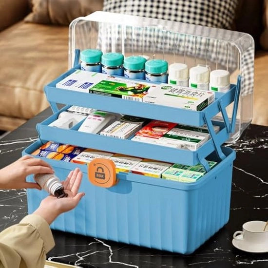 Cassa per farmaci con 3 pannelli, scatola di medicamenti con maniglia, grande cassa di plastica con coperchio, chiusura a chiave, cassa per farmaci per casa, ufficio, esterno, colore blu