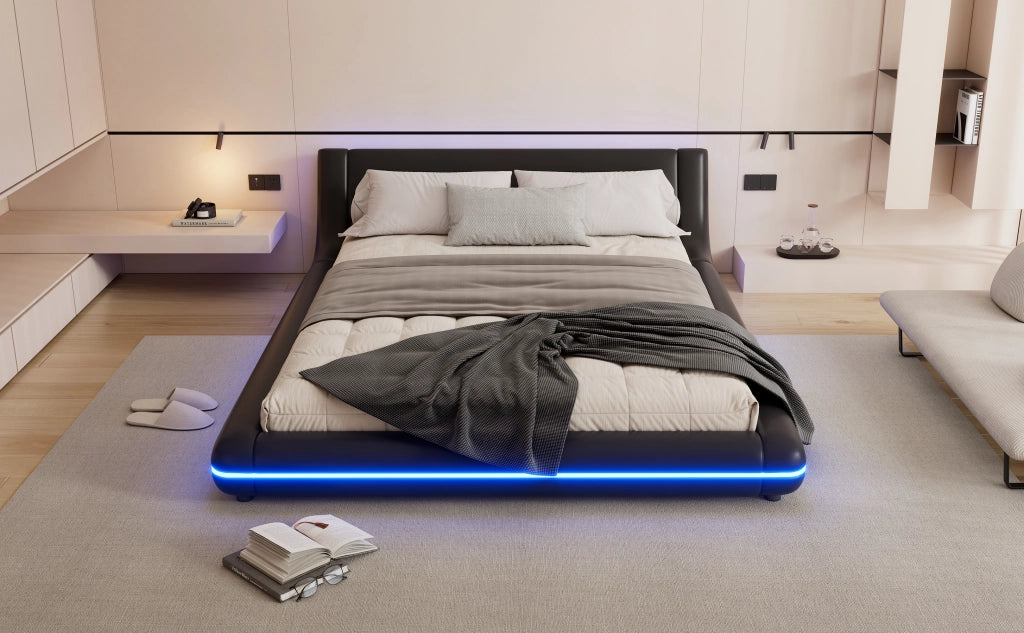 DESMIU Letto basso 140 × 200 cm 2 posti con LED regolabile, senza materasso, in PU, nero